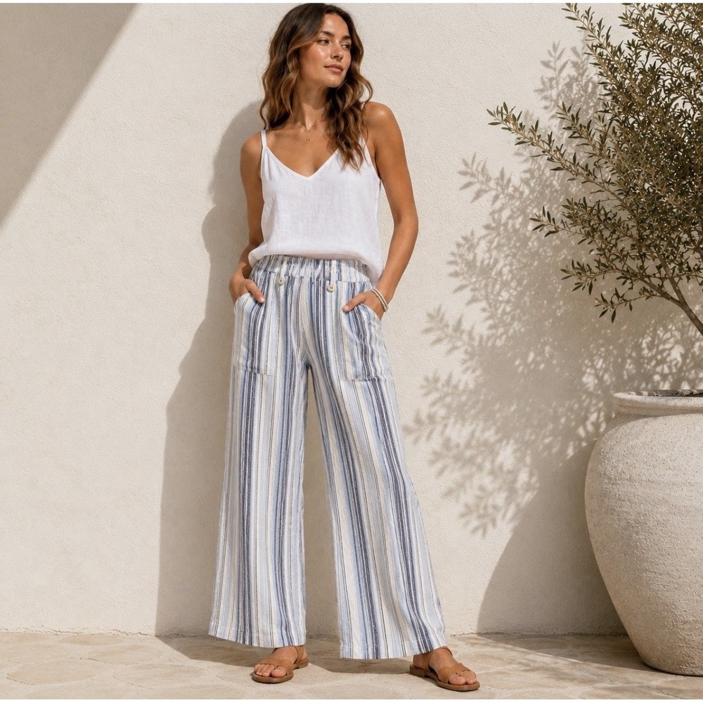 SO Linen Blend Striped Wide-Leg Pants M Blue-White Elastic Waist Coastal Beach
